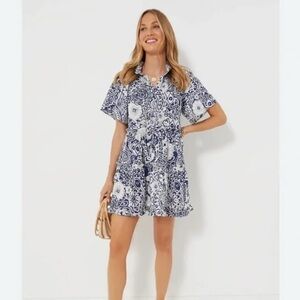 Hyacinth House Navy and White Tiered Thea Mini Dress Small